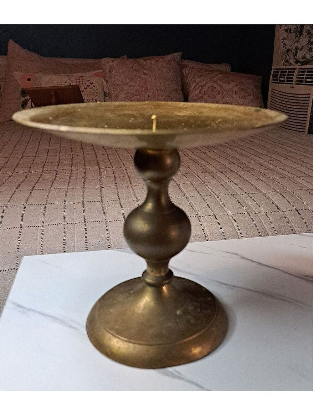 Vintage Solid Brass Pillar Candle Holder w/ Central Spike, Ball & Stem Pedestal